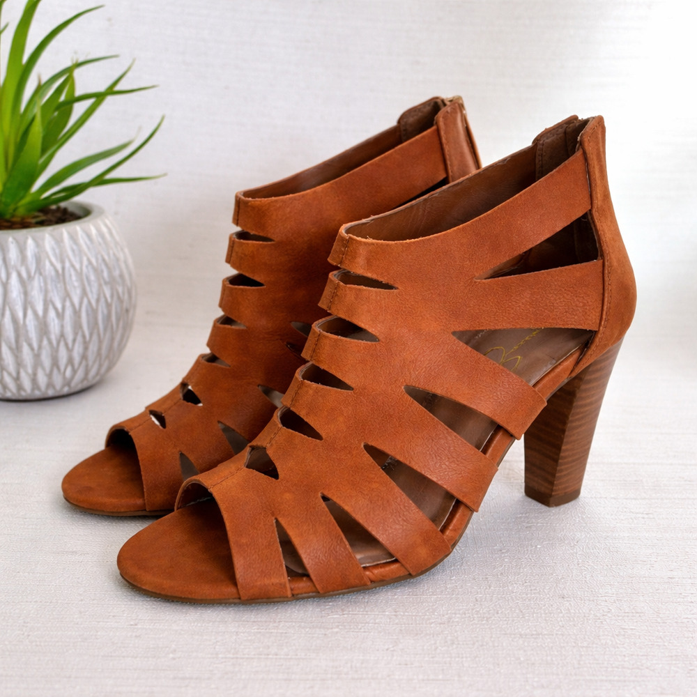 Women's Jessica Simpson Adelli Brown Leather Peep Toe Sandals Heels | Size 7.5